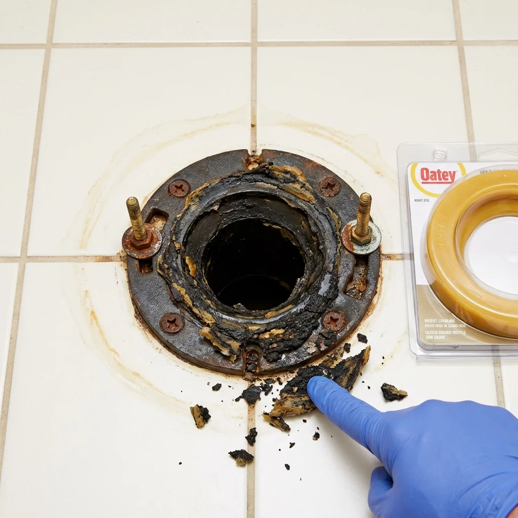Failed wax ring showing water seepage at the base of a toilet in a Kahoka, MO home
