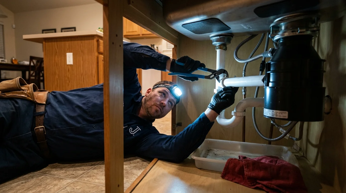P-trap and supply line connections under a kitchen sink showing a common leak point in Kahoka, MO